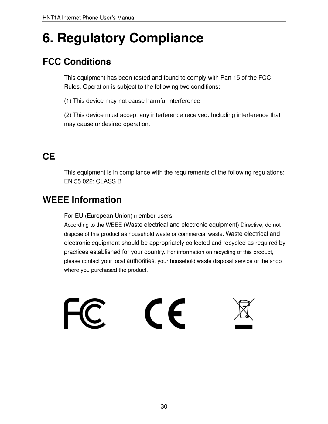 Hawking Technology HNT1A manual Regulatory Compliance, FCC Conditions, Weee Information 