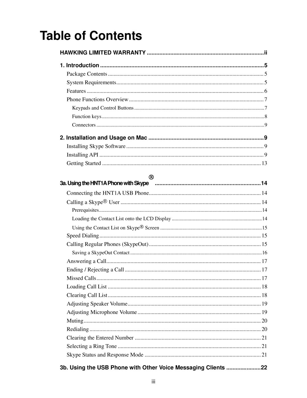 Hawking Technology HNT1A manual Table of Contents 