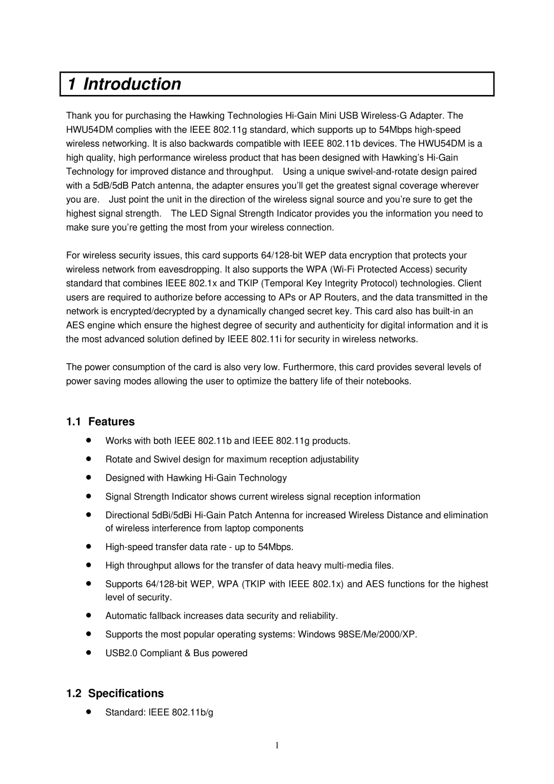 Hawking Technology HWC54D manual Features, Specifications 