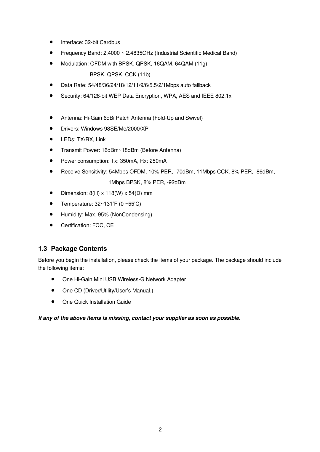 Hawking Technology HWC54D manual Package Contents 