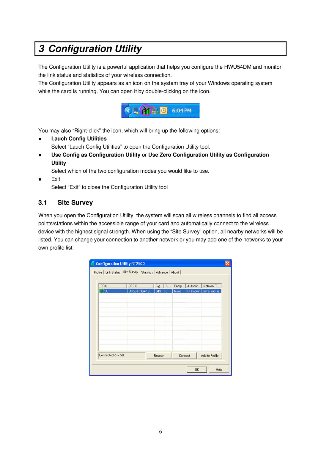 Hawking Technology HWC54D manual Configuration Utility, Site Survey 