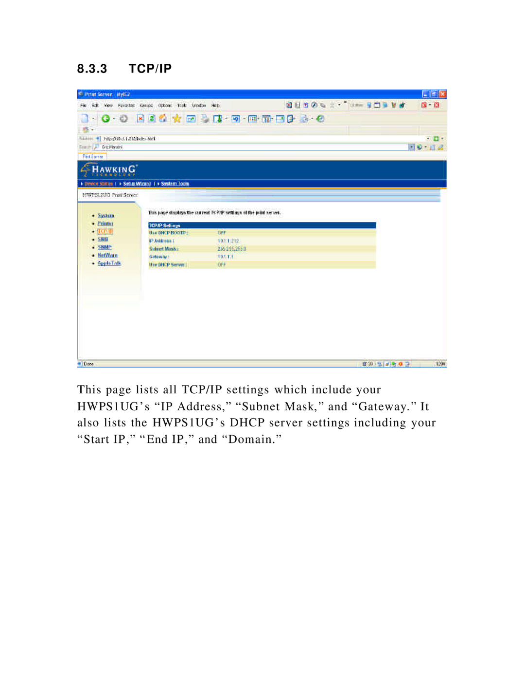 Hawking Technology HWPS1UG manual 3 TCP/IP 