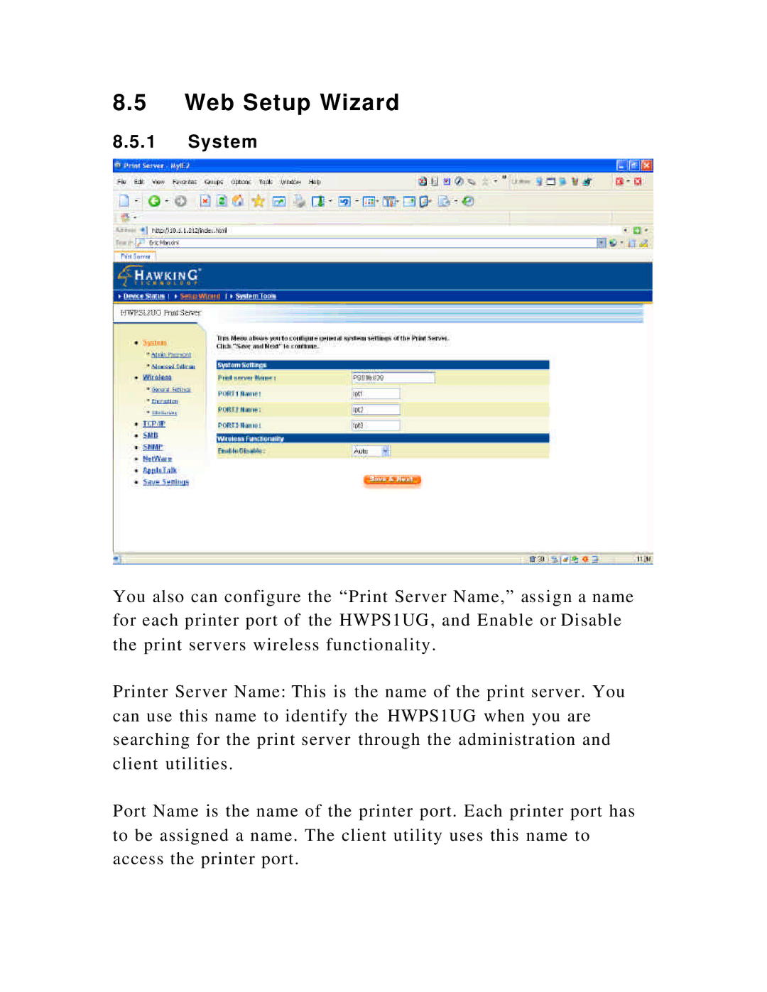 Hawking Technology HWPS1UG manual Web Setup Wizard, System 