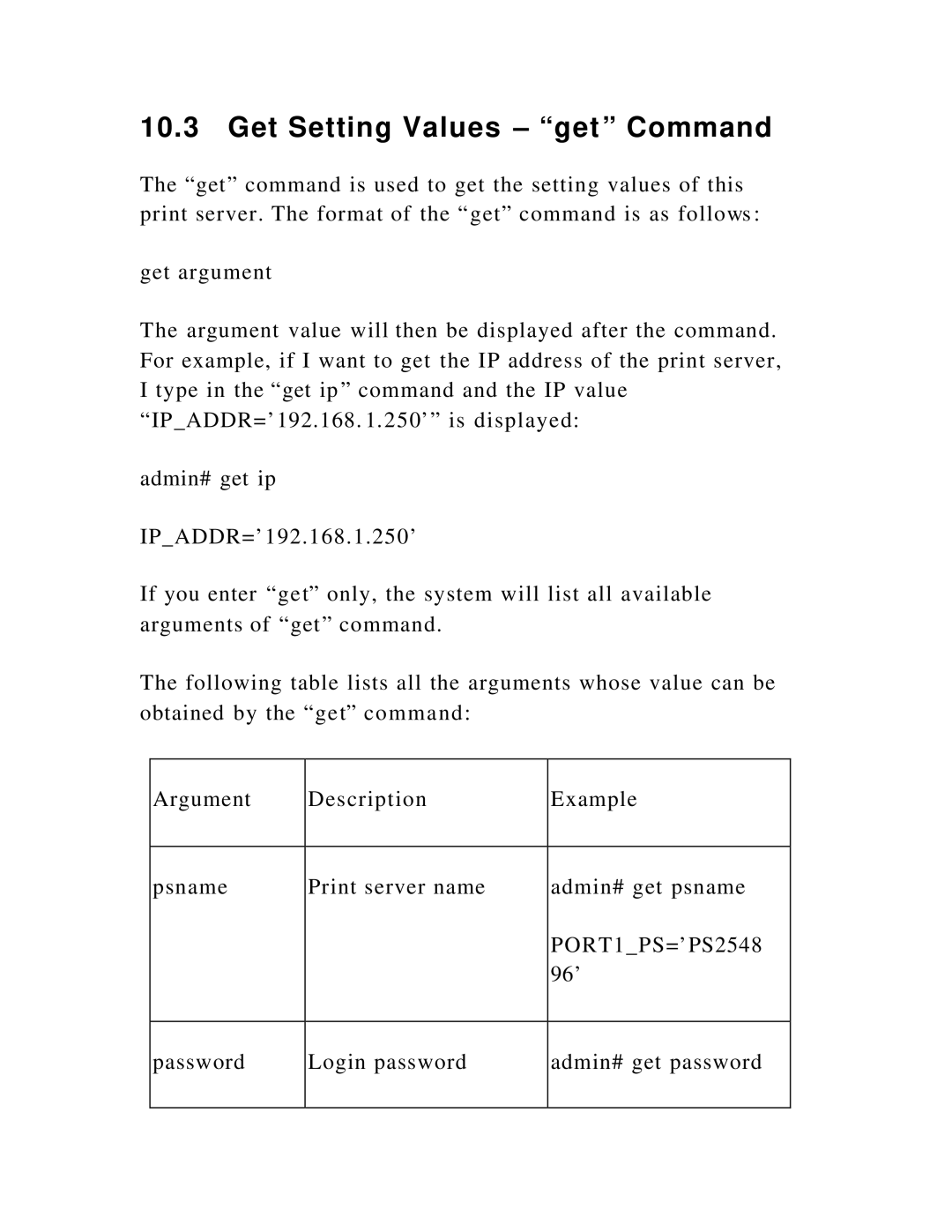 Hawking Technology HWPS1UG manual Get Setting Values get Command 