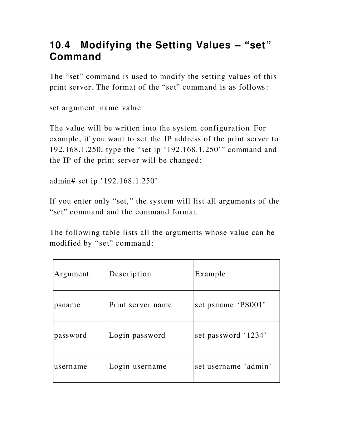 Hawking Technology HWPS1UG manual Modifying the Setting Values set Command 