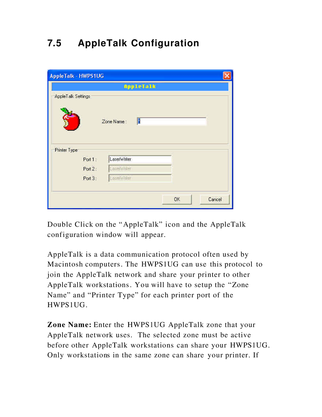 Hawking Technology HWPS1UG manual AppleTalk Configuration 