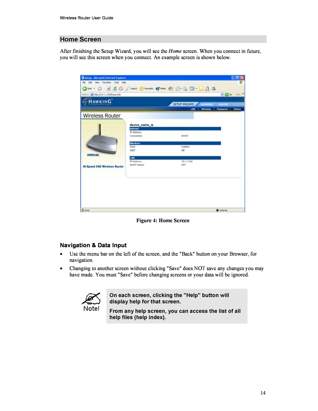 Hawking Technology HWR54G manual Home Screen, Navigation & Data Input 
