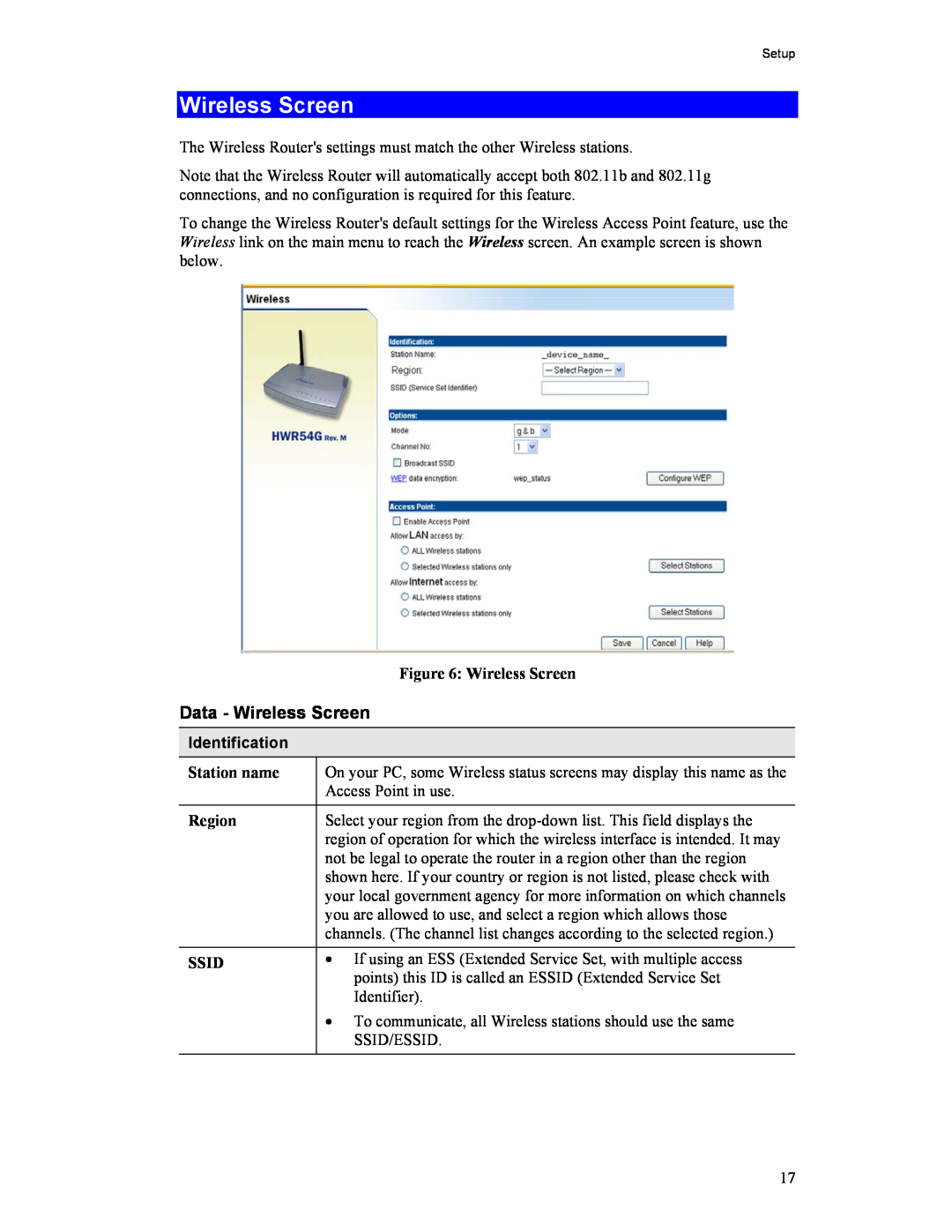 Hawking Technology HWR54G manual Wireless Screen, Identification, Station name, Region, Ssid 