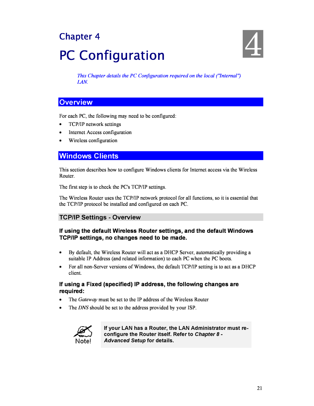 Hawking Technology HWR54G manual PC Configuration, Windows Clients, TCP/IP Settings - Overview, Chapter 