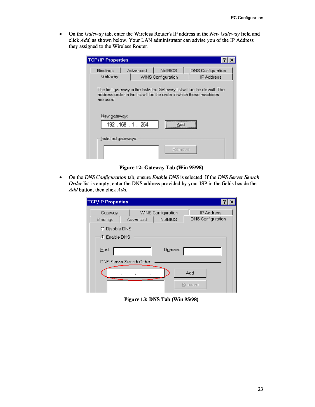 Hawking Technology HWR54G manual Gateway Tab Win 95/98, DNS Tab Win 95/98, PC Configuration 