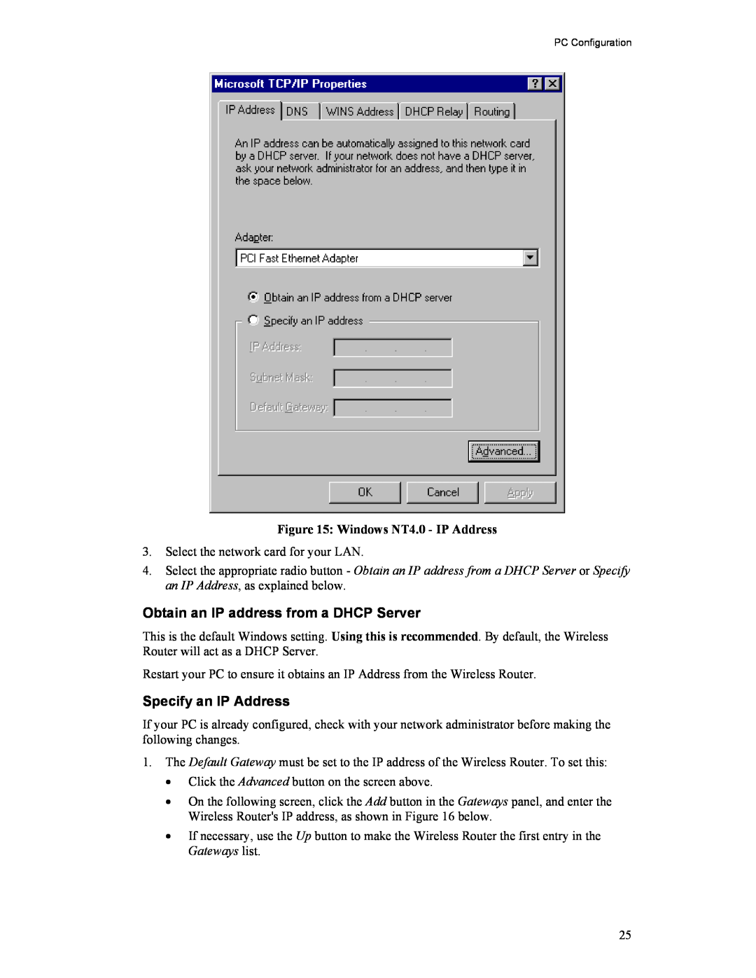 Hawking Technology HWR54G manual Obtain an IP address from a DHCP Server, Specify an IP Address, Windows NT4.0 - IP Address 