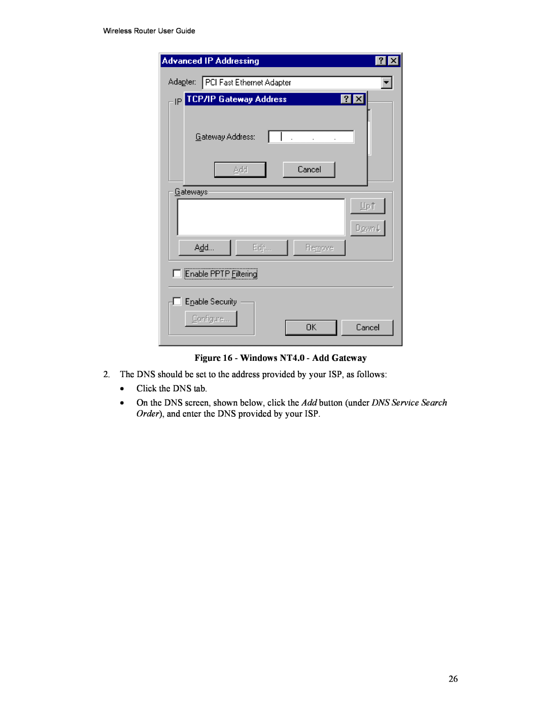 Hawking Technology HWR54G manual Windows NT4.0 - Add Gateway 