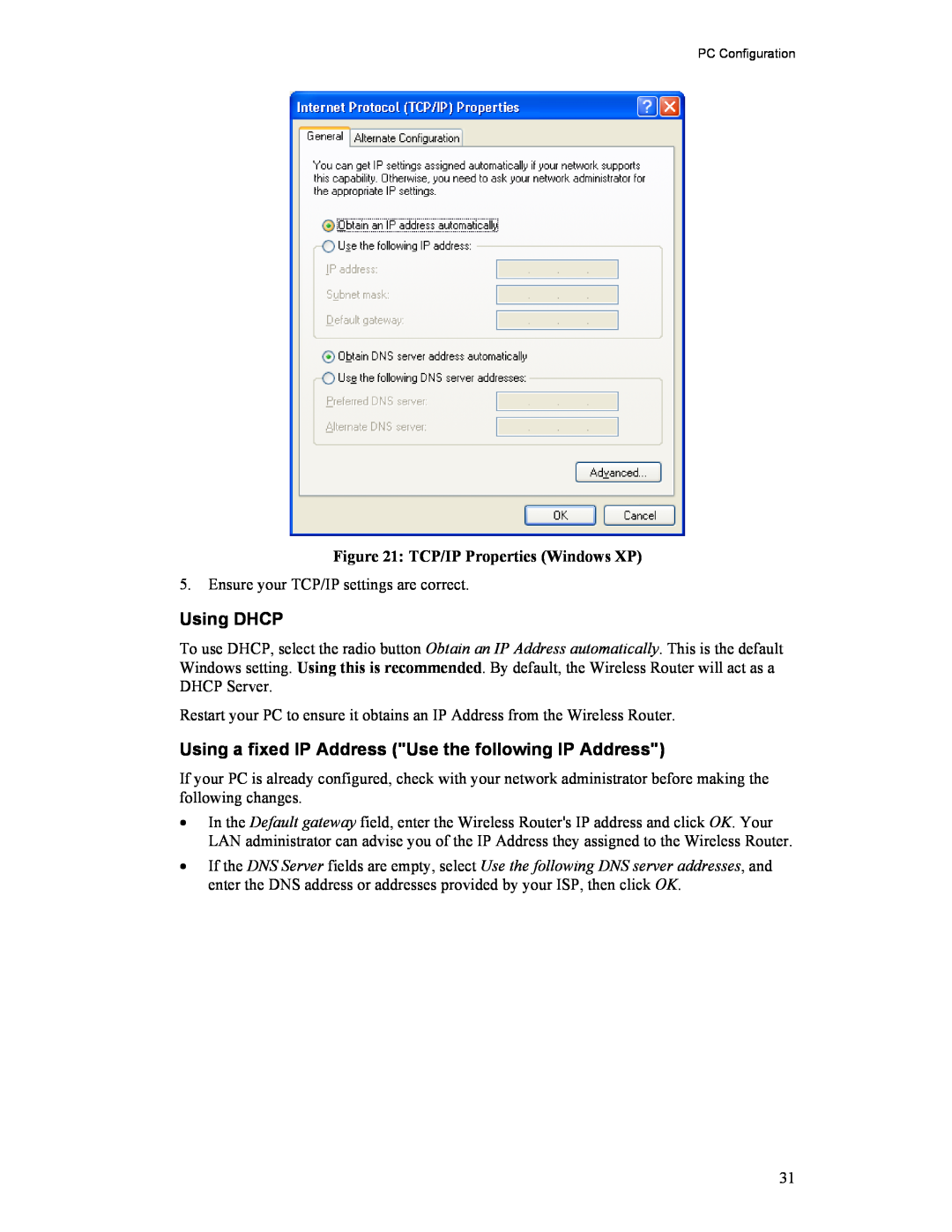 Hawking Technology HWR54G manual TCP/IP Properties Windows XP 