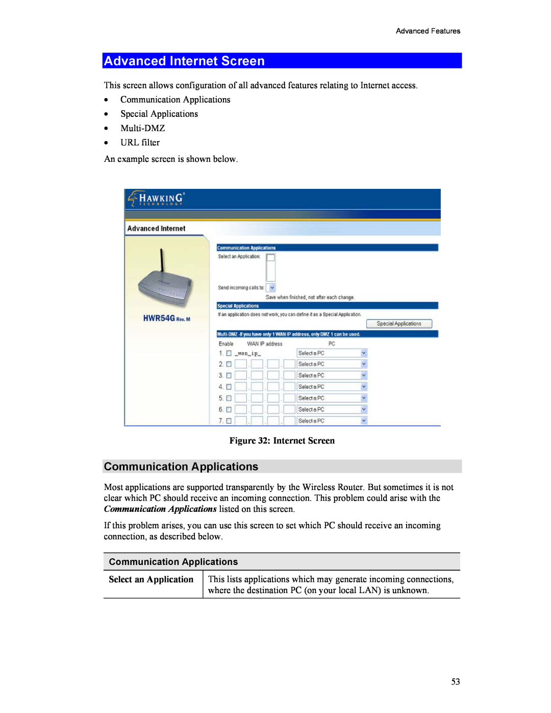 Hawking Technology HWR54G manual Advanced Internet Screen, Communication Applications, Select an Application 
