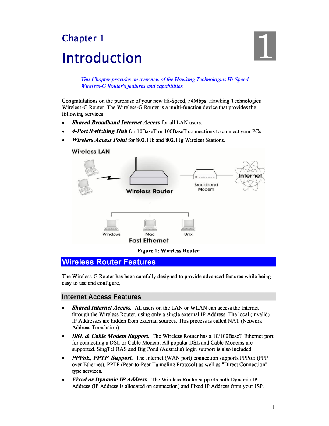 Hawking Technology HWR54G manual Introduction, Chapter, Wireless Router Features, Internet Access Features 