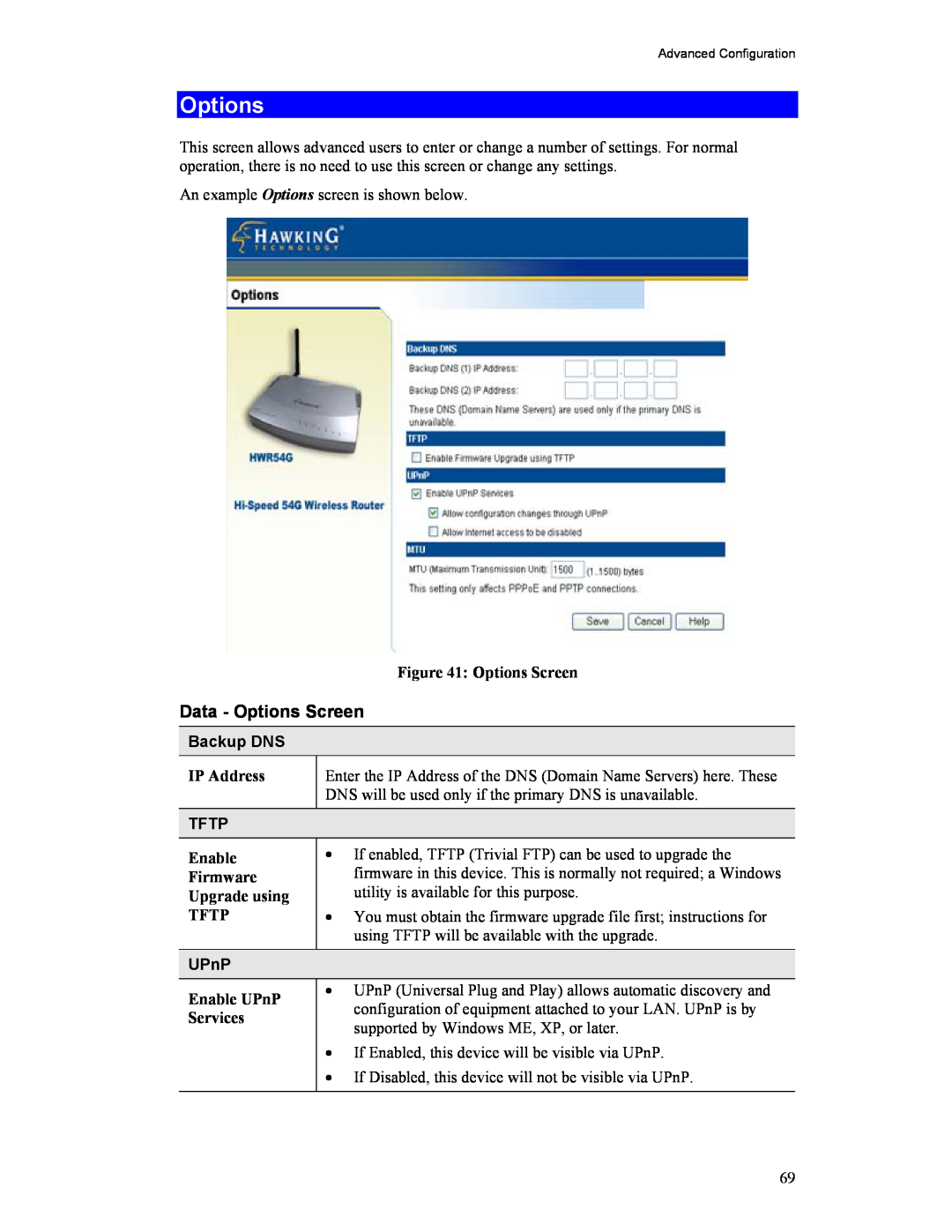 Hawking Technology HWR54G manual Options Screen, Backup DNS, IP Address, Tftp, Enable, Firmware, Upgrade using, UPnP 