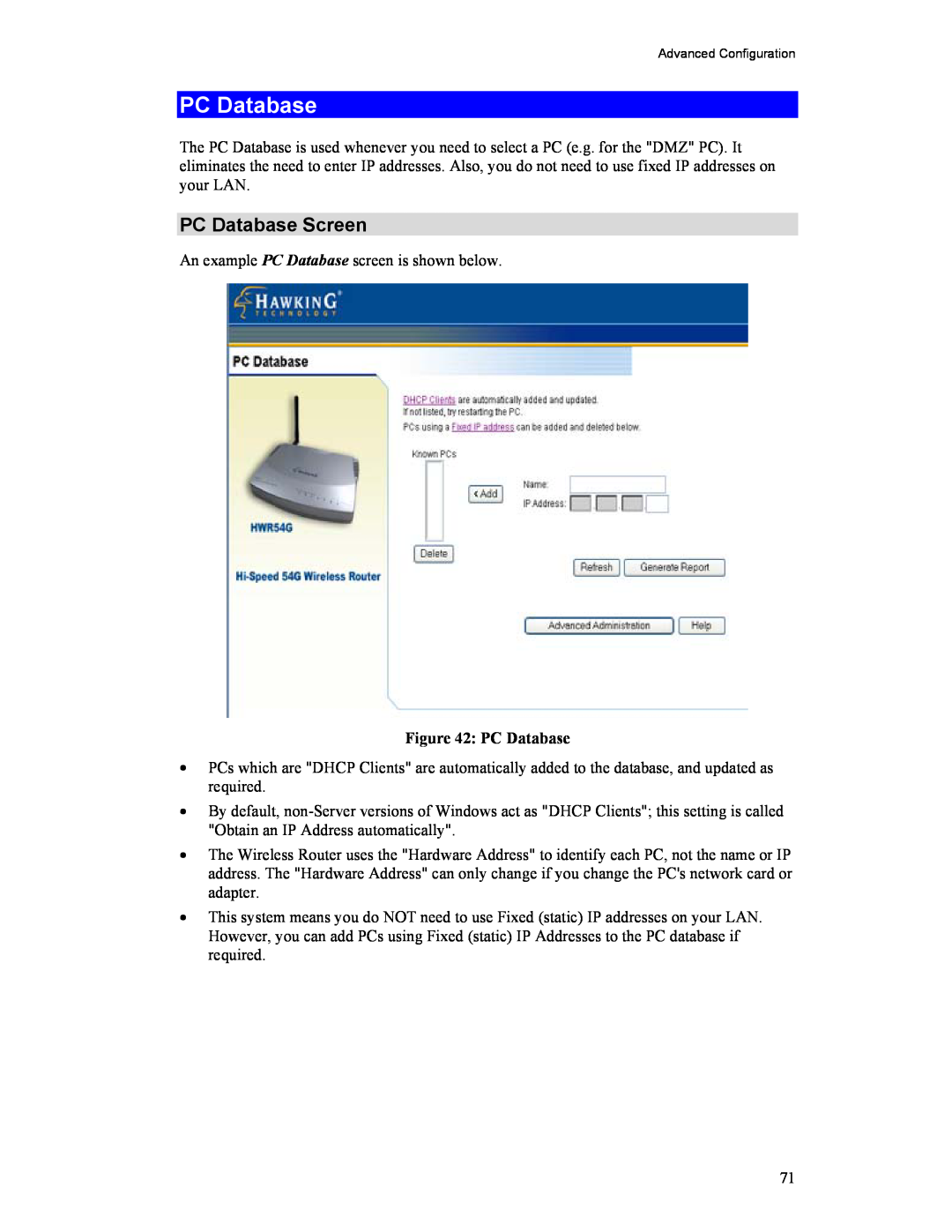 Hawking Technology HWR54G manual PC Database Screen 