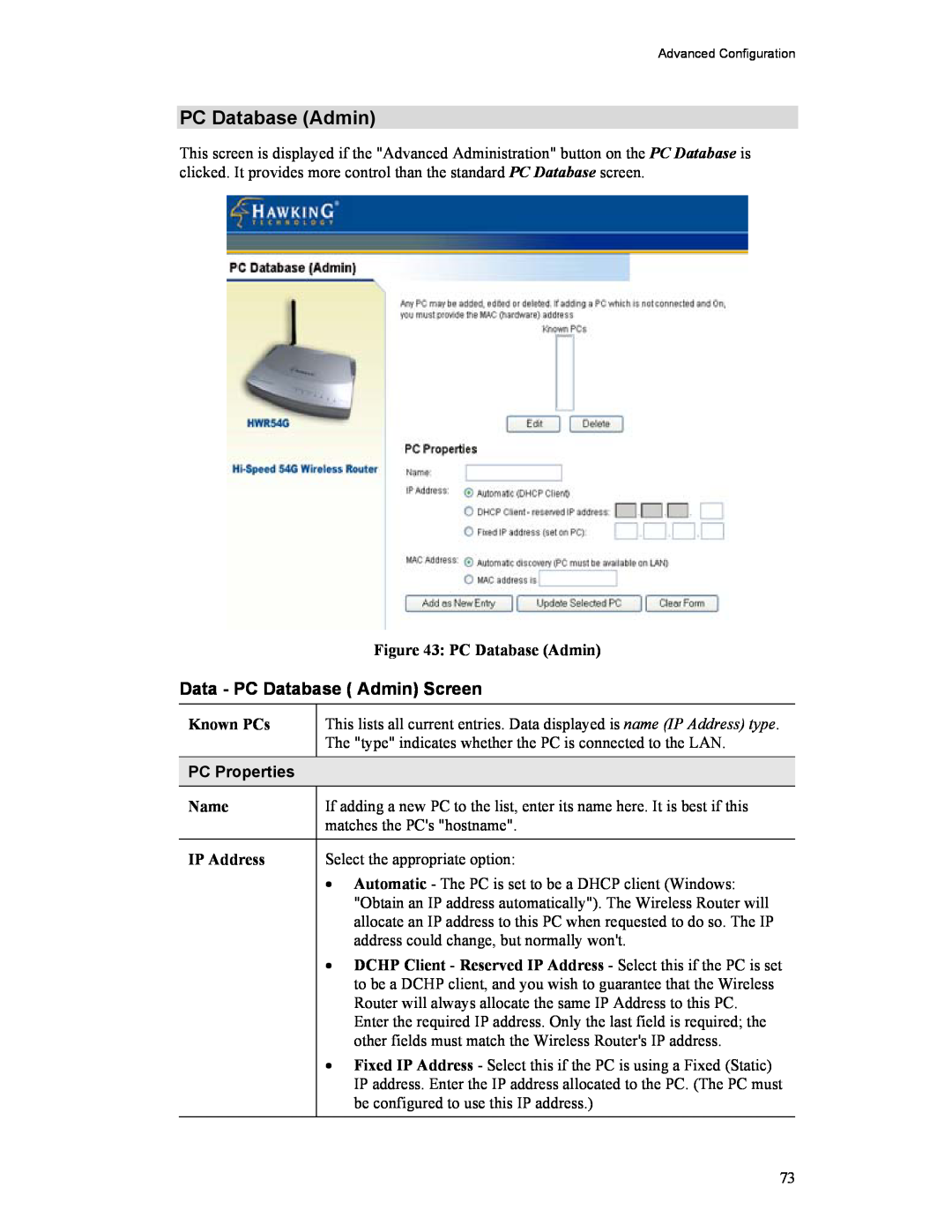 Hawking Technology HWR54G manual PC Database Admin, Known PCs, PC Properties, Name, IP Address 