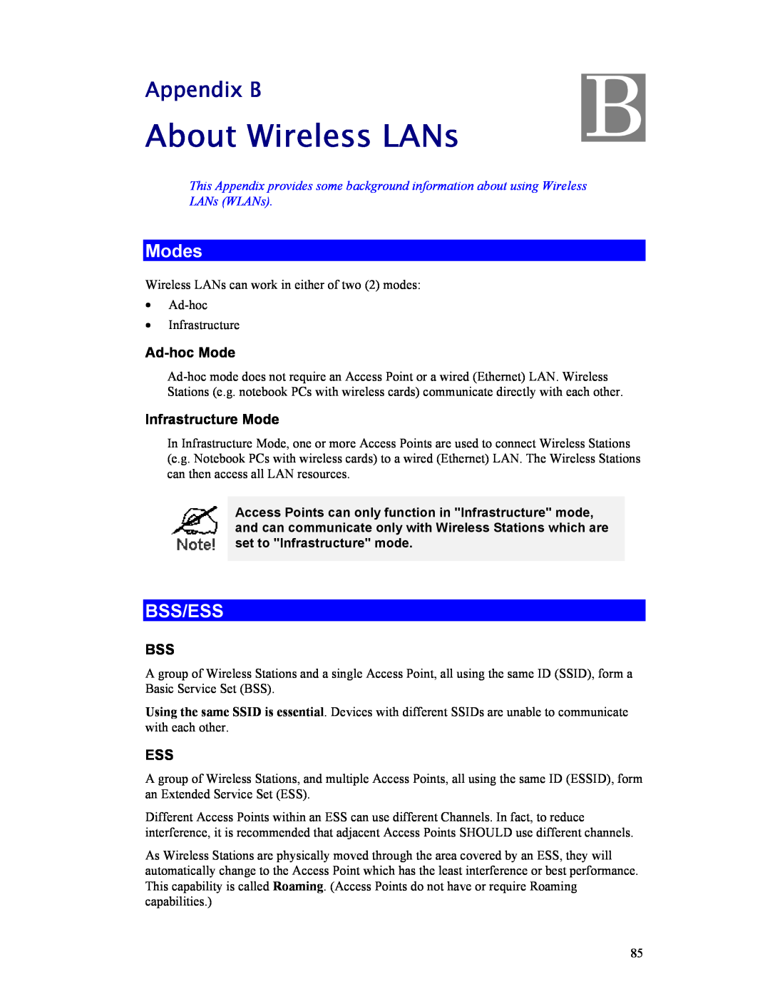 Hawking Technology HWR54G manual About Wireless LANs, Appendix B, Modes, Bss/Ess 