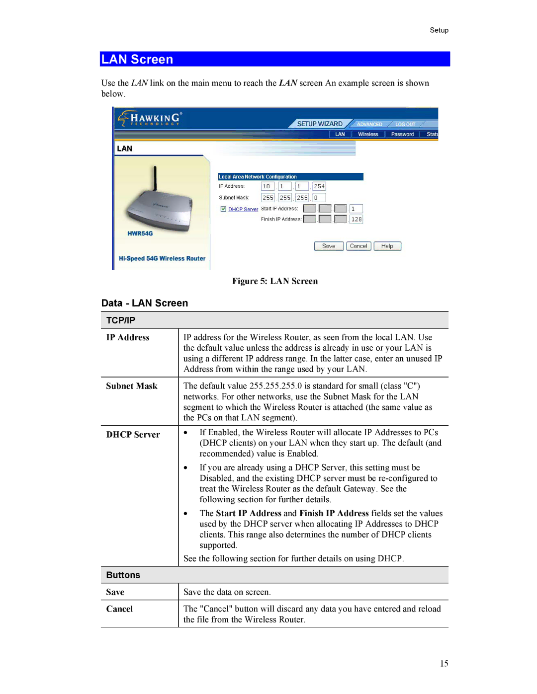 Hawking Technology HWR54G manual Data LAN Screen, Buttons 