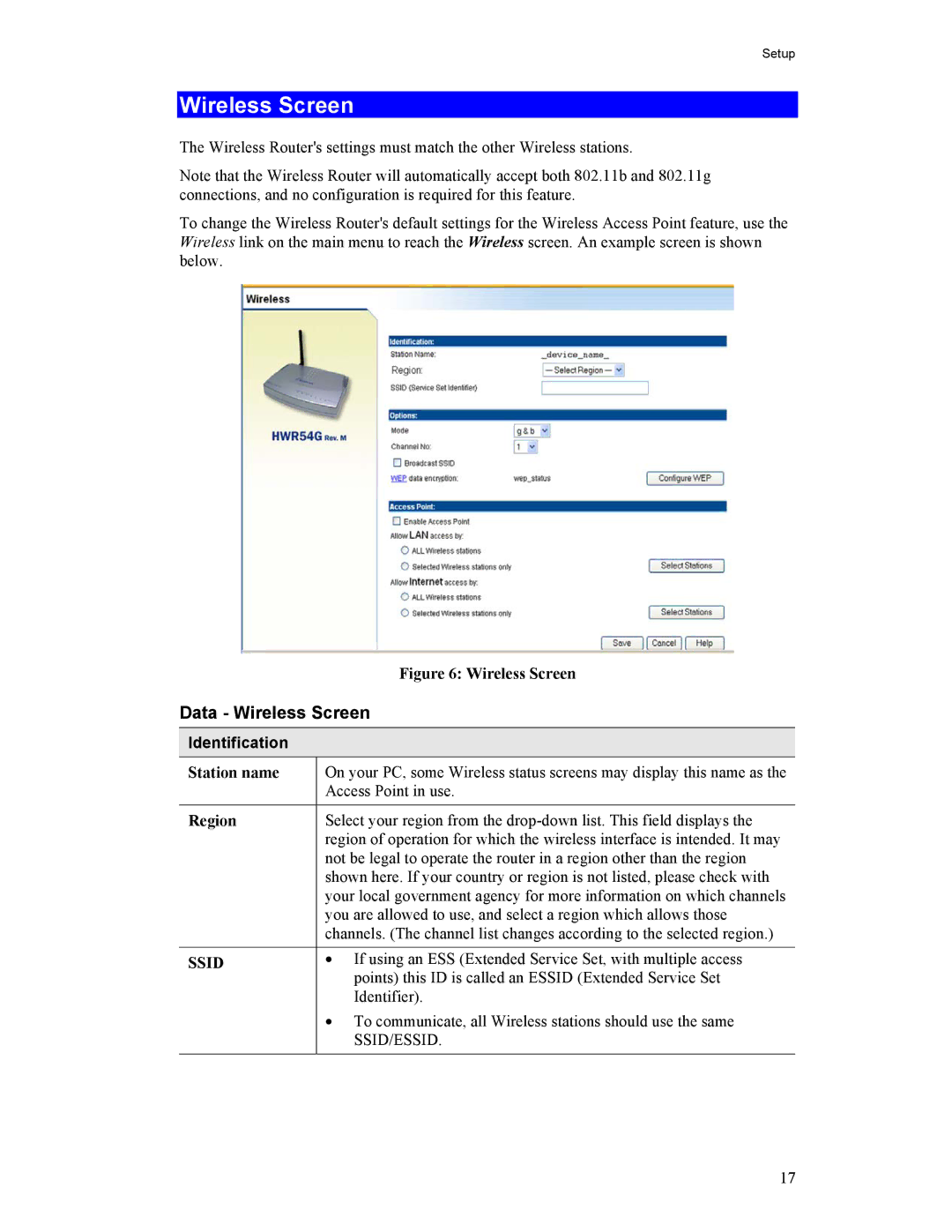 Hawking Technology HWR54G manual Data Wireless Screen, Identification, Station name, Region 