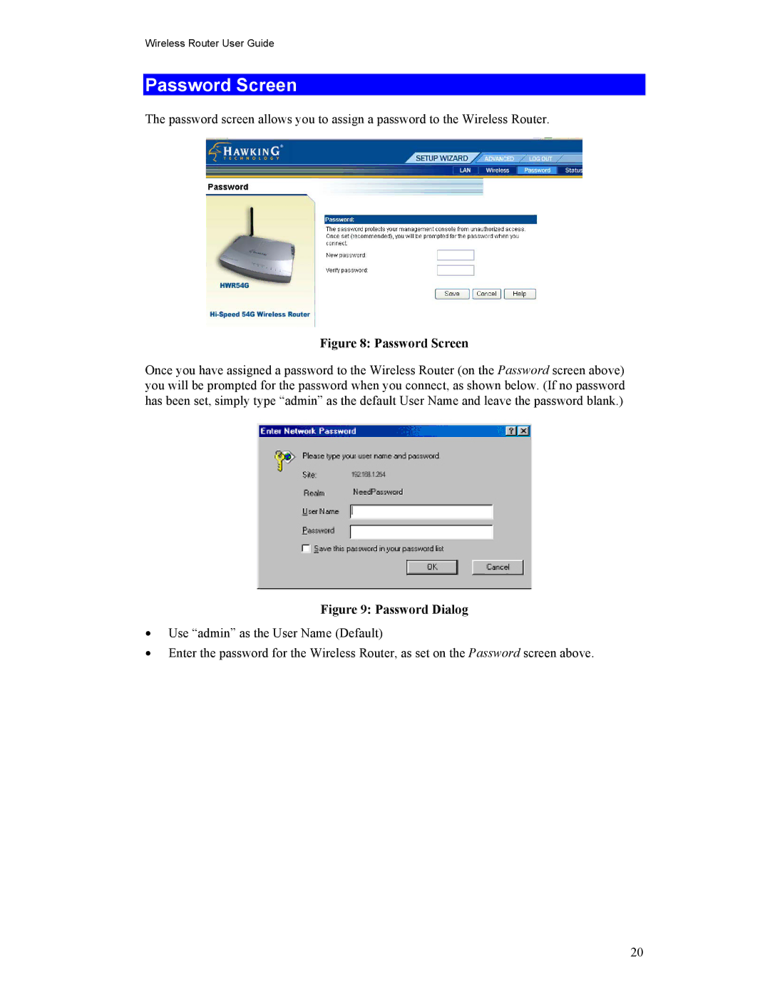 Hawking Technology HWR54G manual Password Screen 