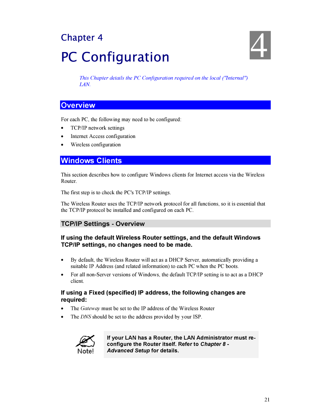 Hawking Technology HWR54G manual PC Configuration, Windows Clients, TCP/IP Settings Overview 