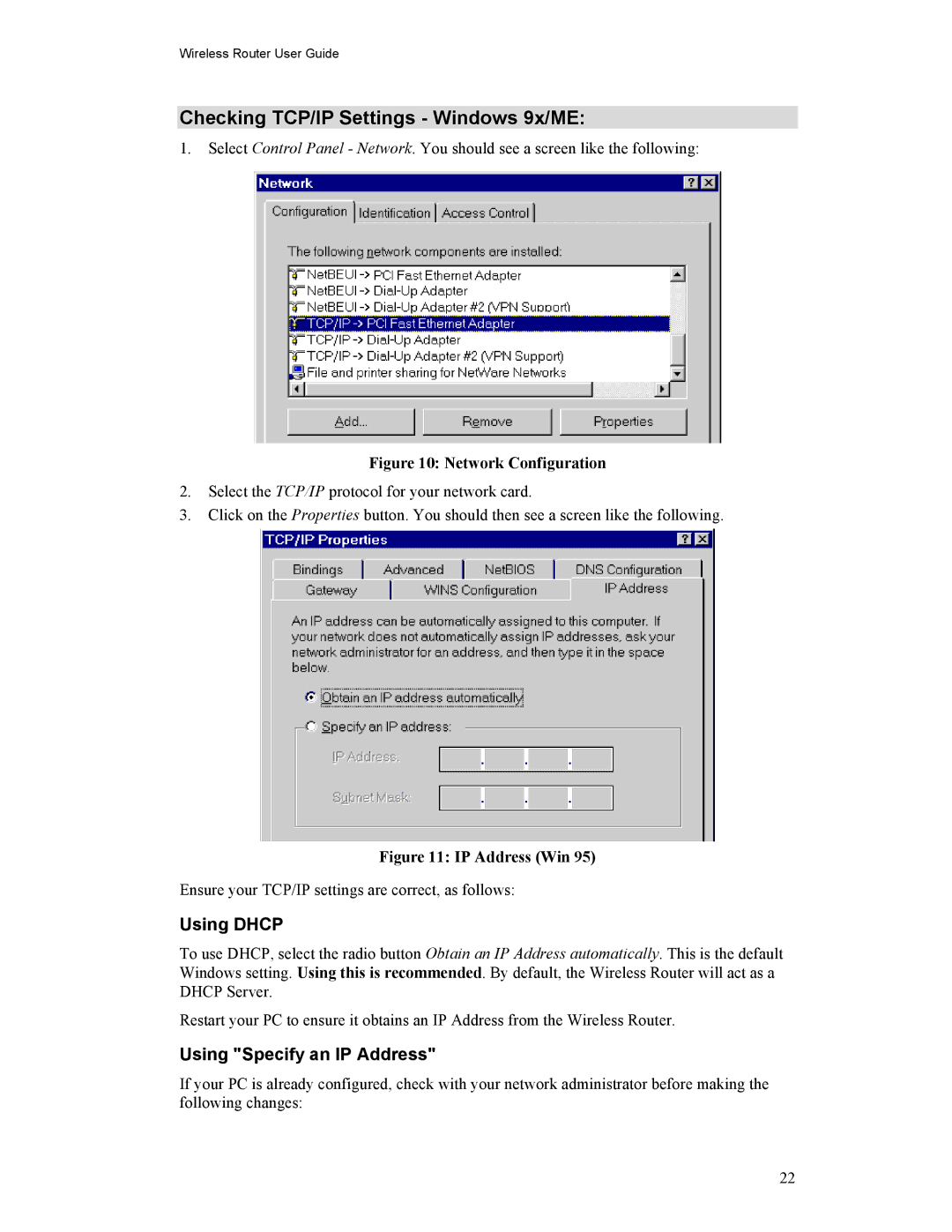 Hawking Technology HWR54G manual Checking TCP/IP Settings Windows 9x/ME, Using Dhcp, Using Specify an IP Address 