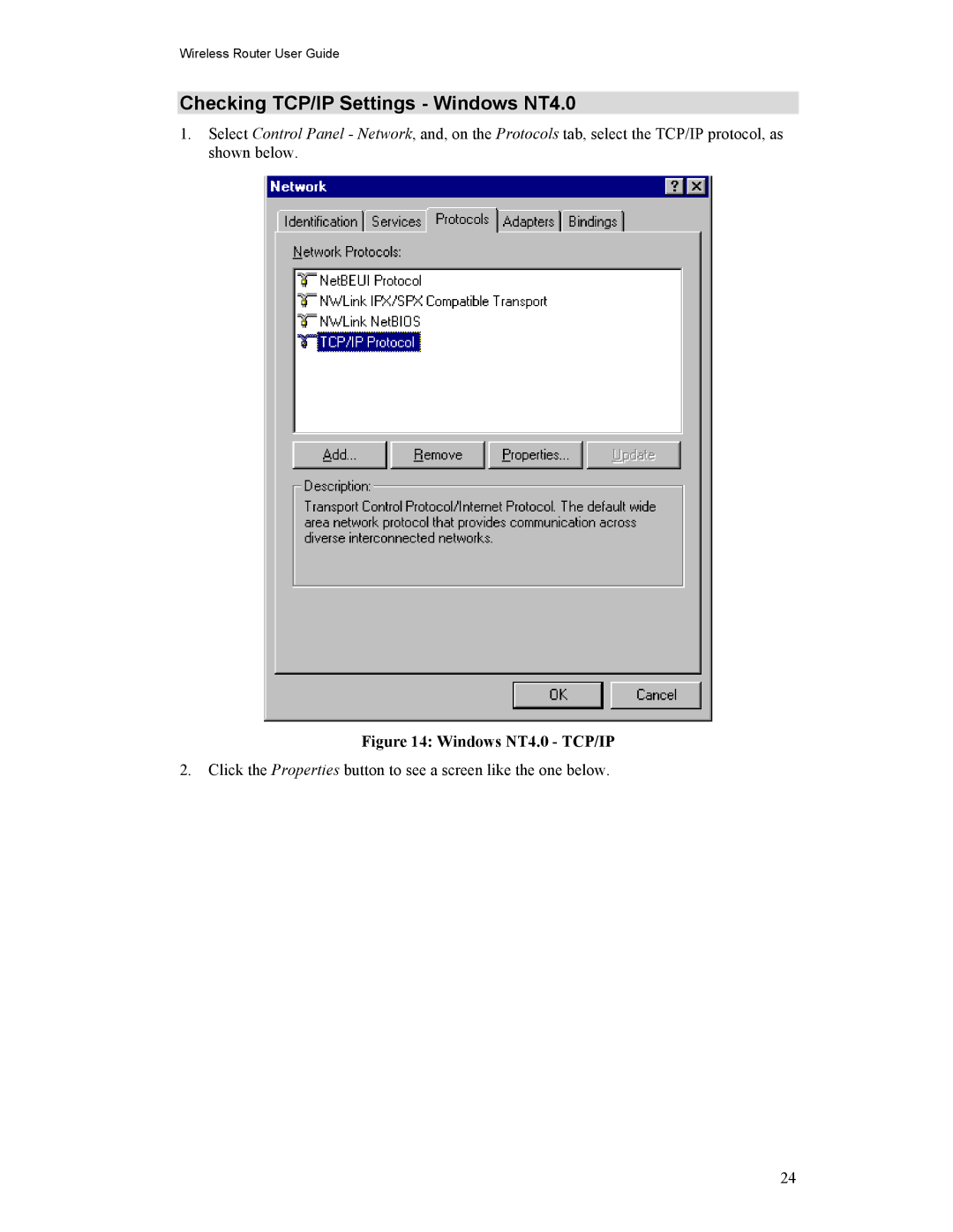 Hawking Technology HWR54G manual Checking TCP/IP Settings Windows NT4.0, Windows NT4.0 TCP/IP 