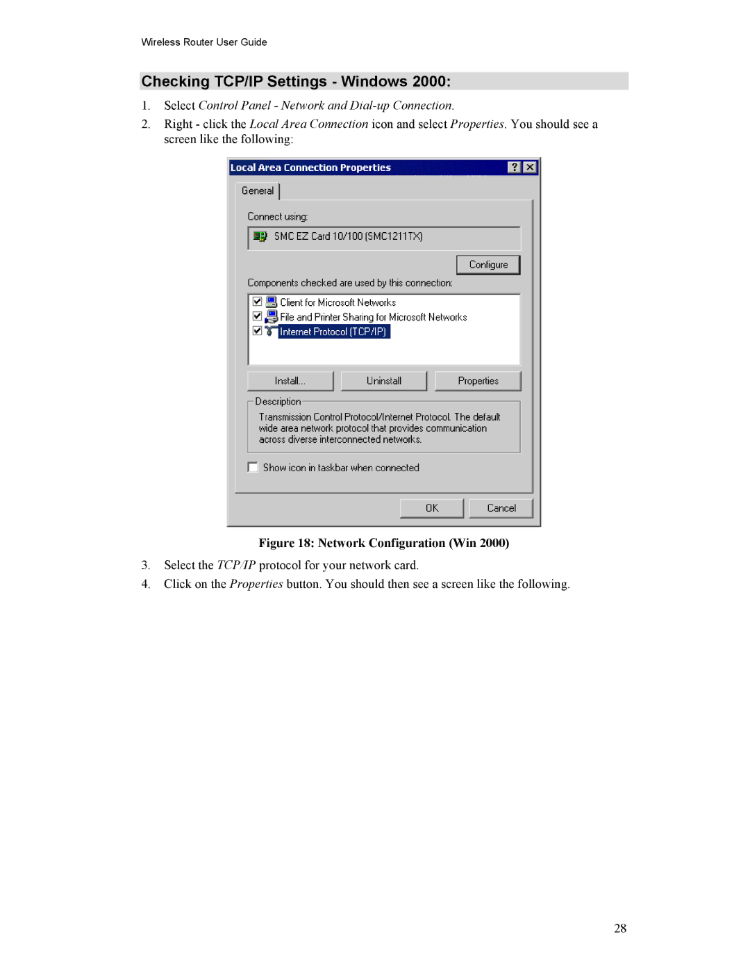 Hawking Technology HWR54G manual Checking TCP/IP Settings Windows, Network Configuration Win 