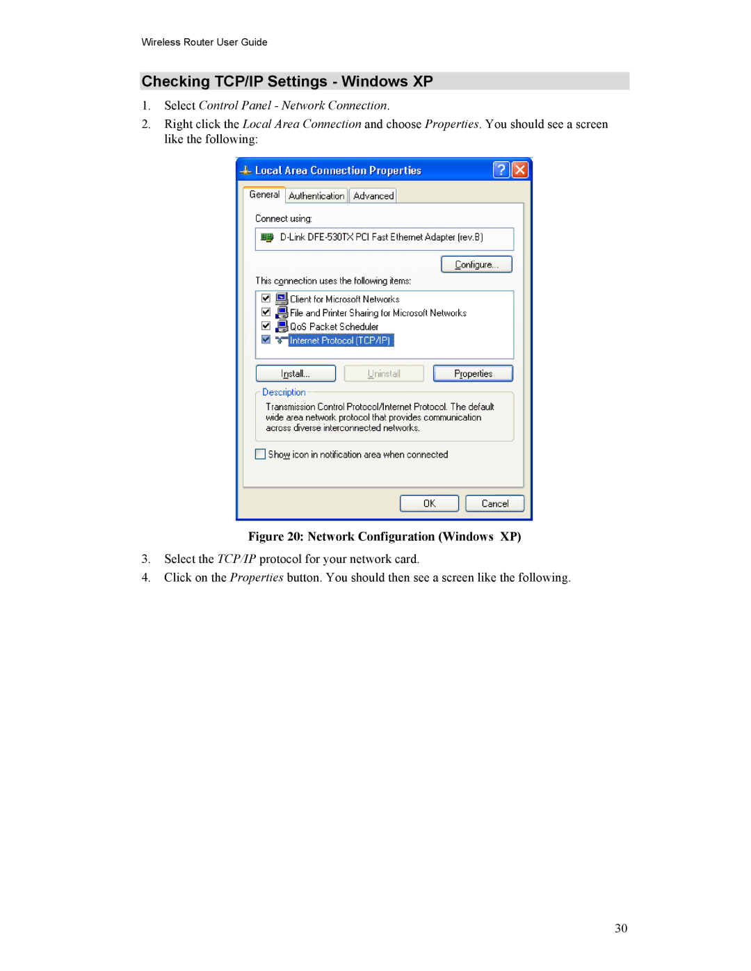 Hawking Technology HWR54G manual Checking TCP/IP Settings Windows XP, Network Configuration Windows XP 