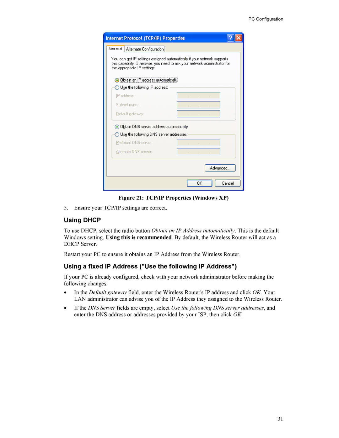 Hawking Technology HWR54G manual TCP/IP Properties Windows XP 