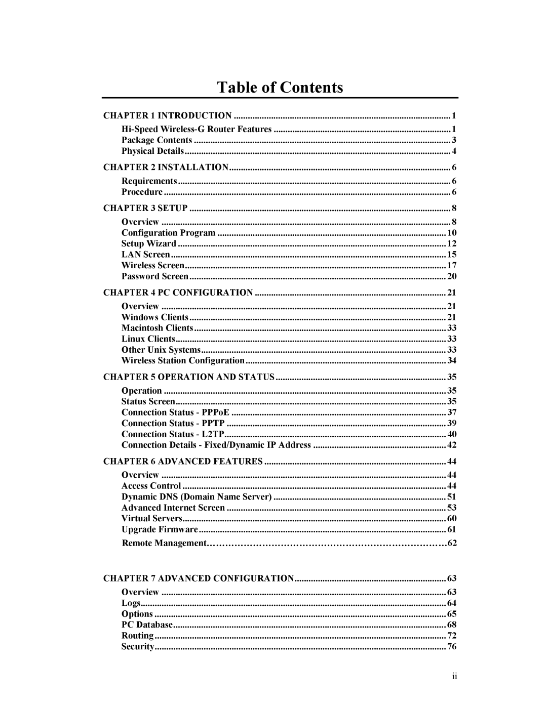 Hawking Technology HWR54G manual Table of Contents 