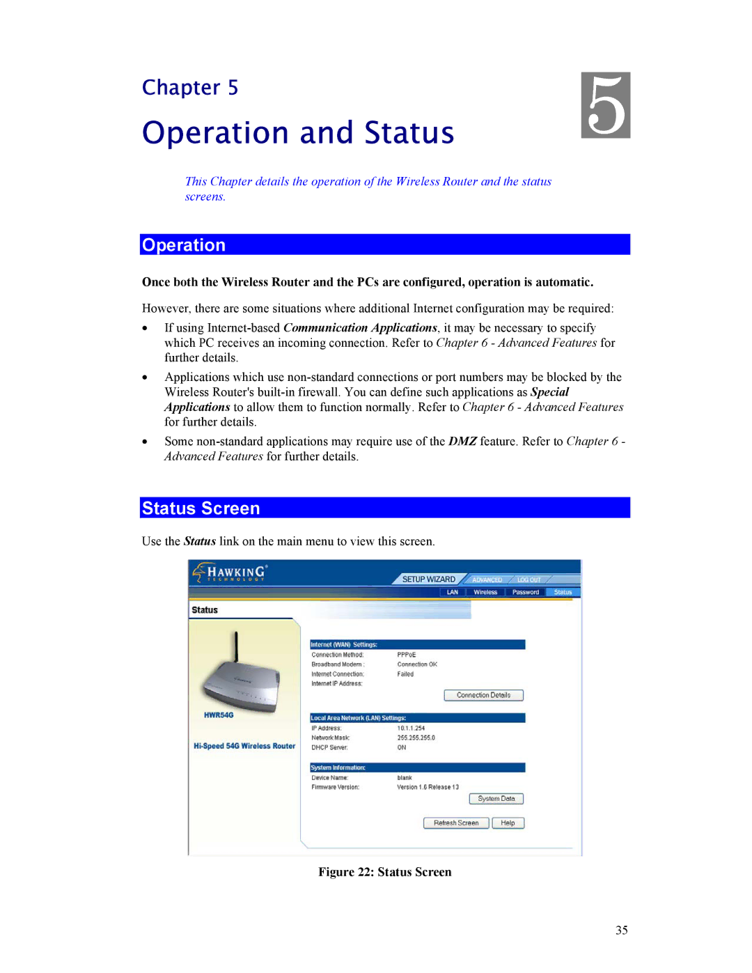 Hawking Technology HWR54G manual Operation and Status, Status Screen 