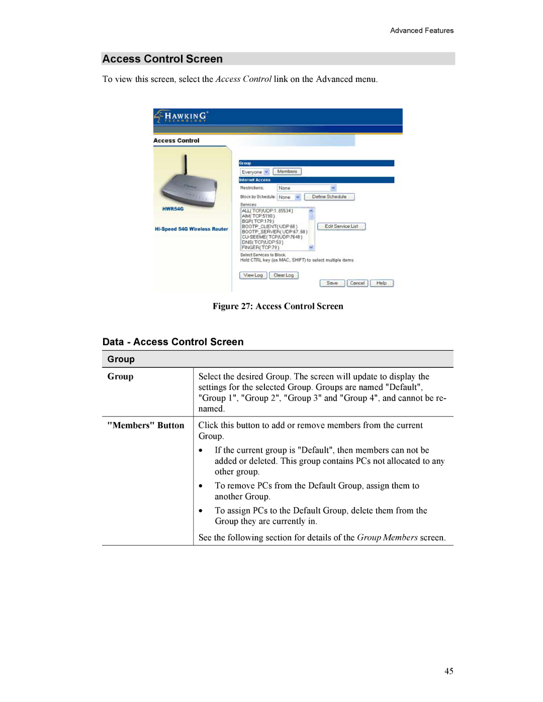 Hawking Technology HWR54G manual Data Access Control Screen, Group, Members Button 