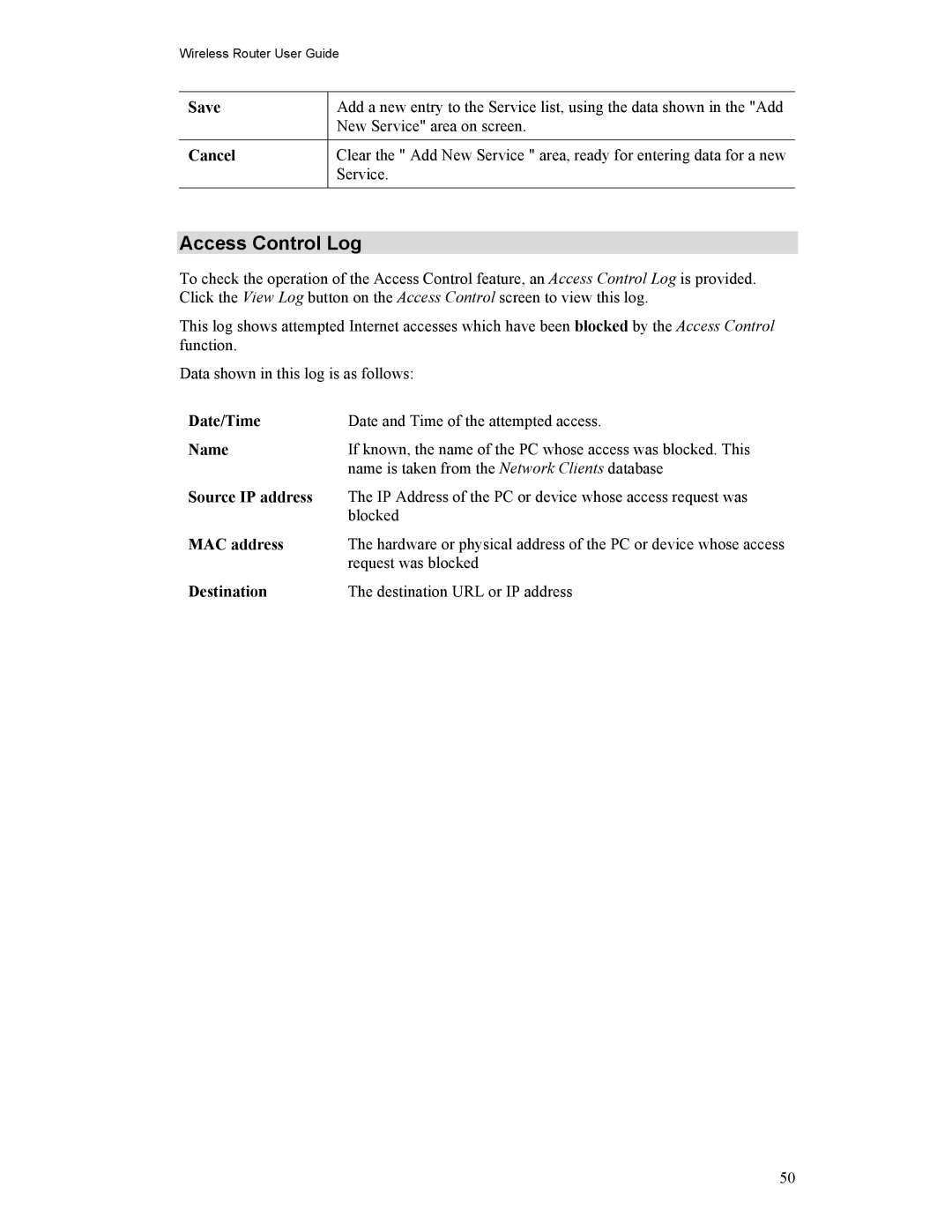 Hawking Technology HWR54G manual Access Control Log, Date/Time, Source IP address, MAC address, Destination 