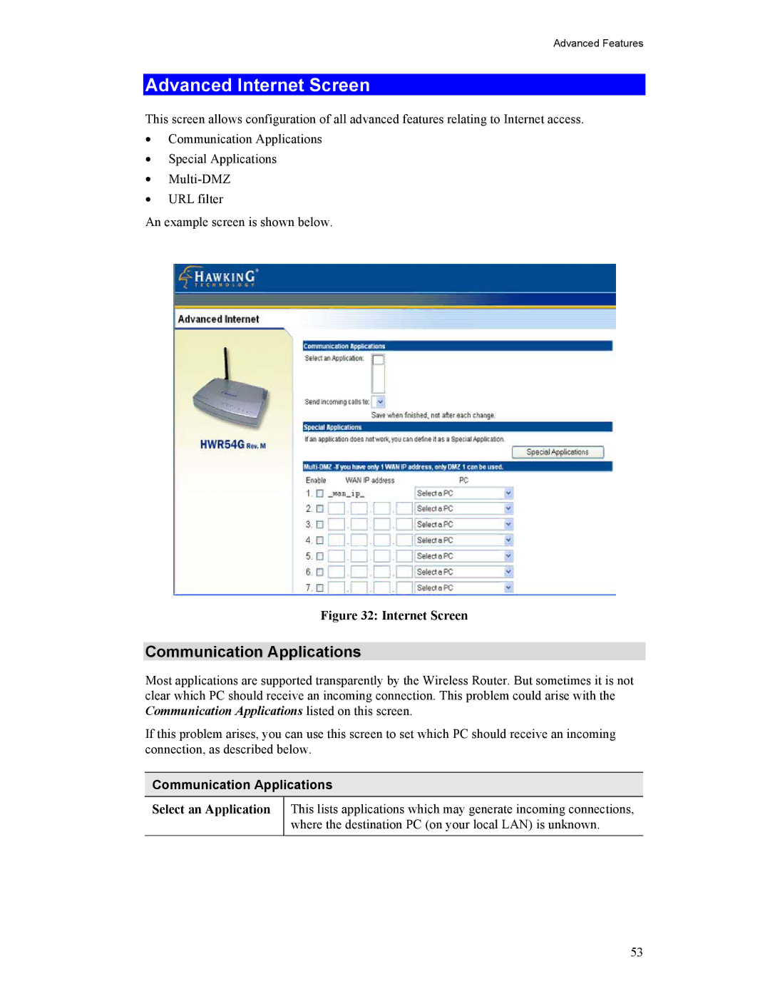 Hawking Technology HWR54G manual Advanced Internet Screen, Communication Applications, Select an Application 