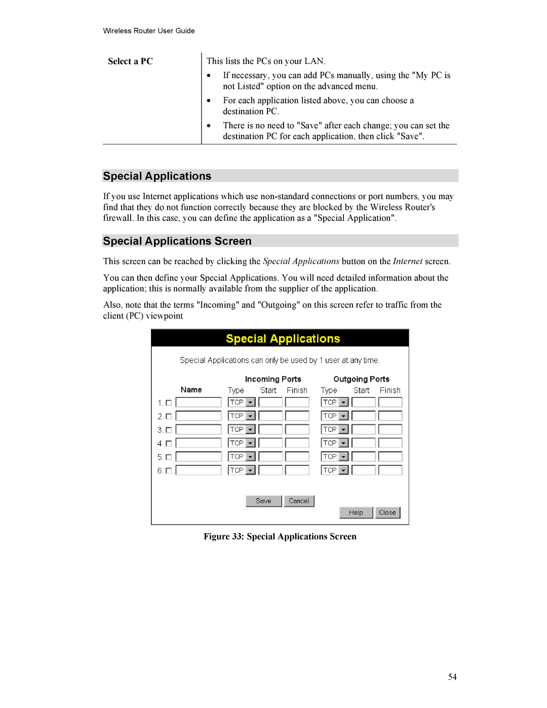 Hawking Technology HWR54G manual Special Applications Screen, Select a PC 