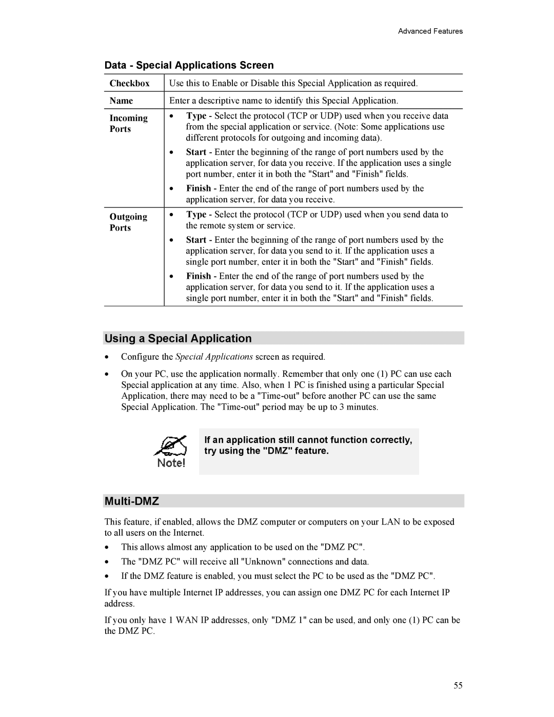 Hawking Technology HWR54G manual Using a Special Application, Multi-DMZ, Data Special Applications Screen 