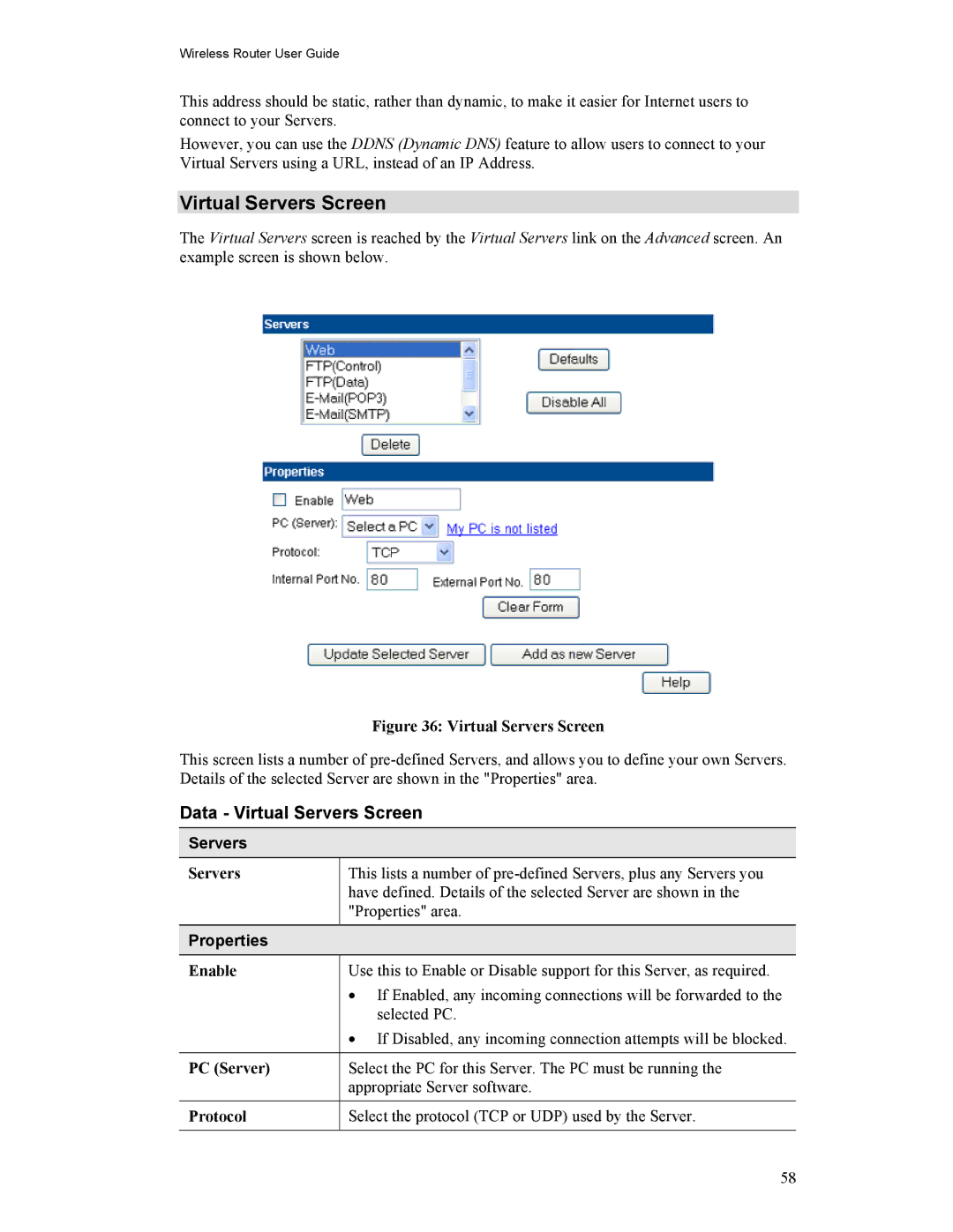 Hawking Technology HWR54G manual Data Virtual Servers Screen, Properties 