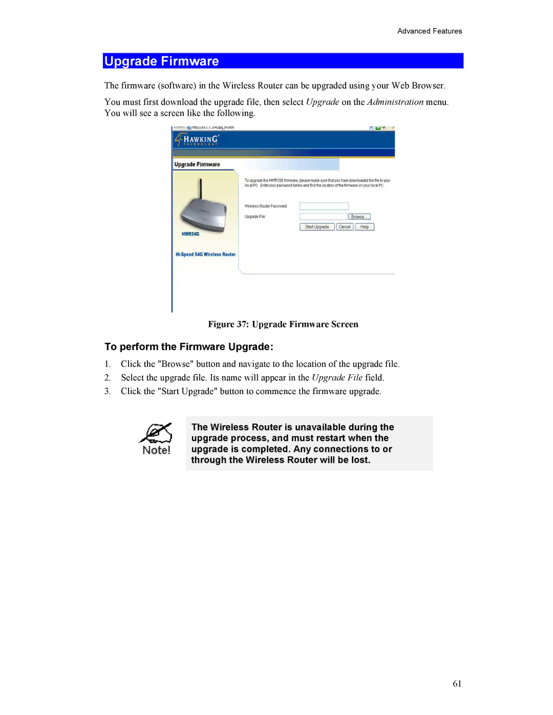 Hawking Technology HWR54G manual Upgrade Firmware, To perform the Firmware Upgrade 