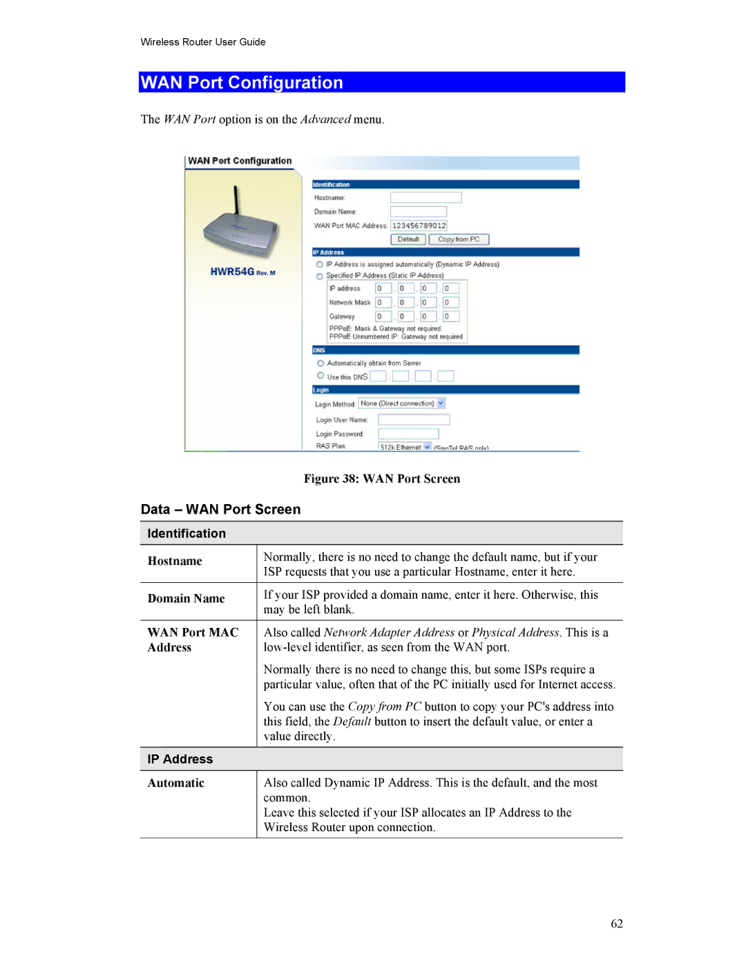 Hawking Technology HWR54G manual WAN Port Configuration, Data WAN Port Screen, IP Address 