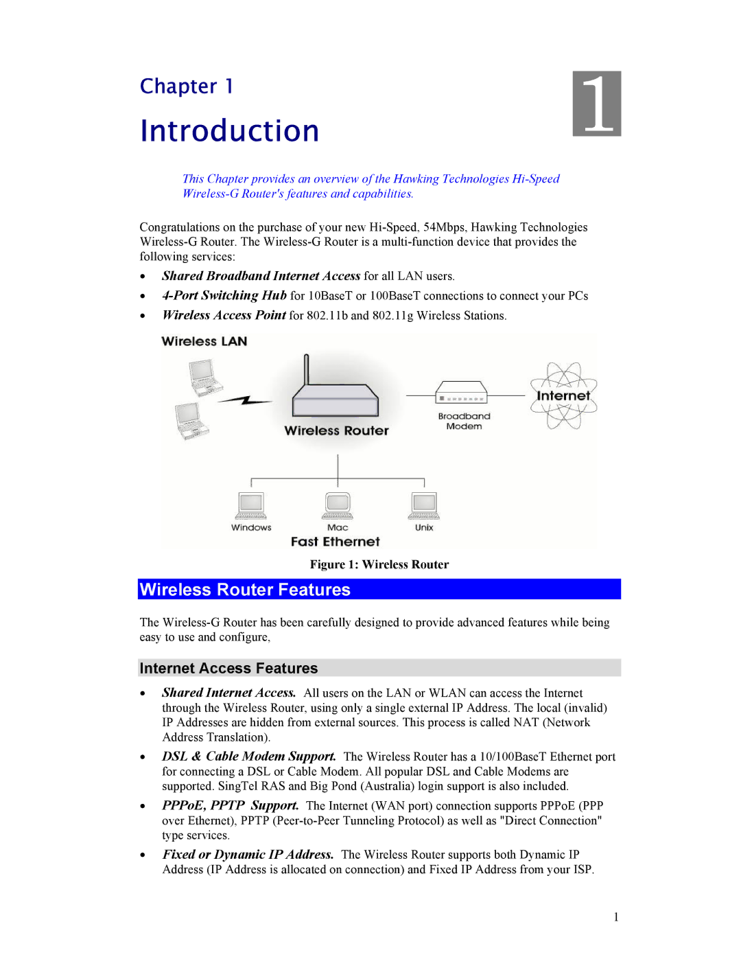 Hawking Technology HWR54G manual Introduction, Wireless Router Features, Internet Access Features 