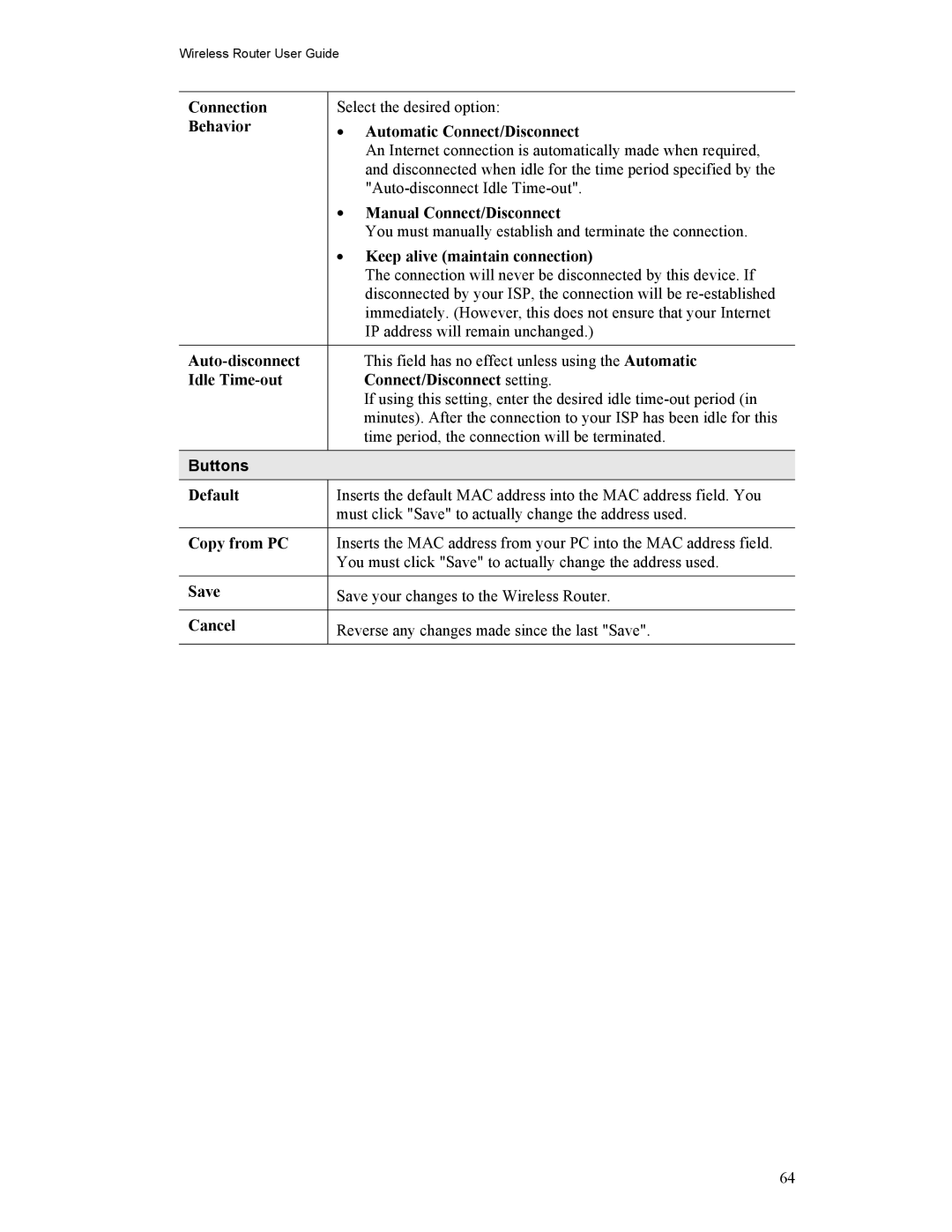 Hawking Technology HWR54G Connection, Behavior Automatic Connect/Disconnect, Manual Connect/Disconnect, Auto-disconnect 