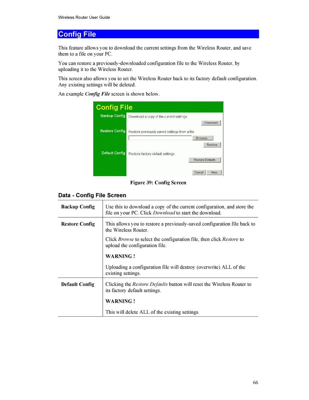 Hawking Technology HWR54G manual Data Config File Screen, Backup Config, Restore Config, Default Config 