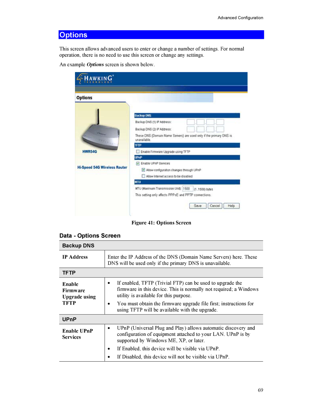 Hawking Technology HWR54G manual Data Options Screen, Backup DNS, UPnP 