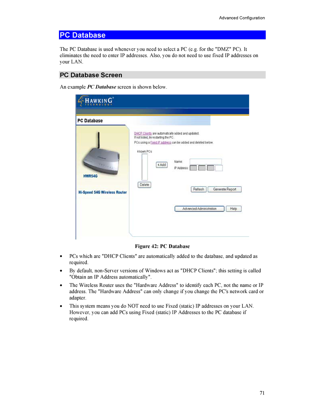 Hawking Technology HWR54G manual PC Database Screen 