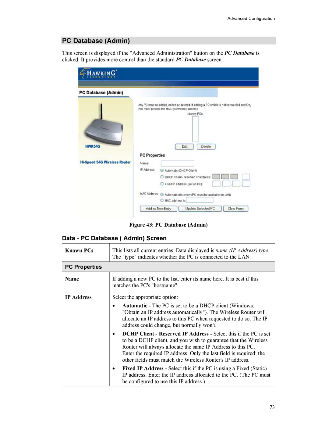 Hawking Technology HWR54G manual Data PC Database Admin Screen, PC Properties 