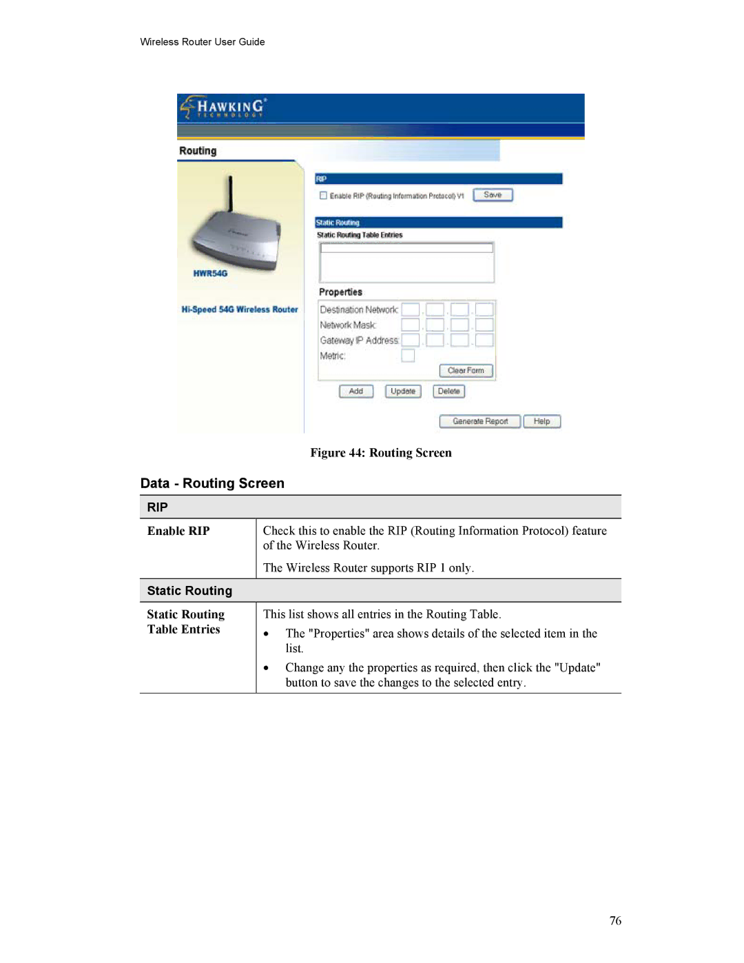 Hawking Technology HWR54G manual Data Routing Screen, Enable RIP, Static Routing Table Entries 