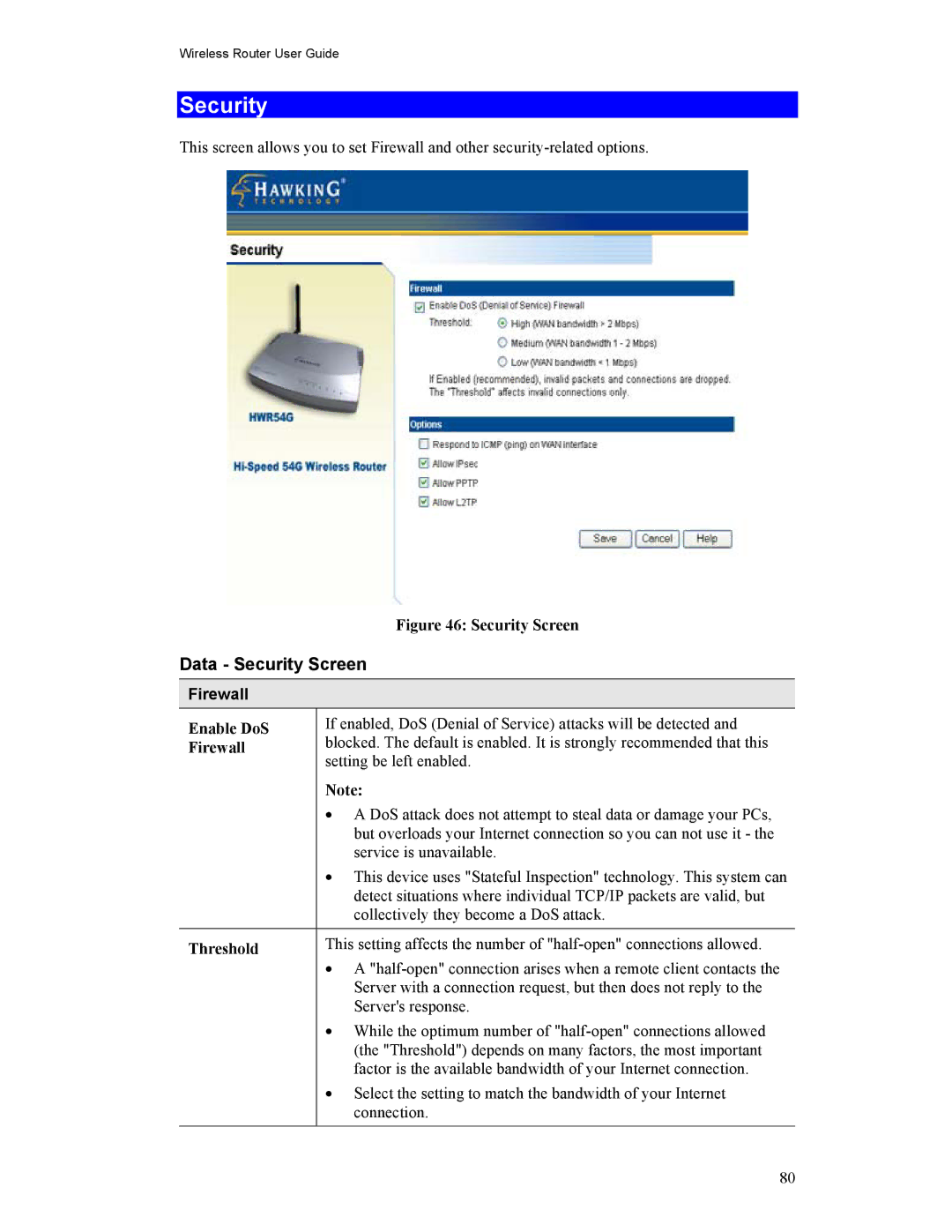 Hawking Technology HWR54G manual Data Security Screen, Firewall 